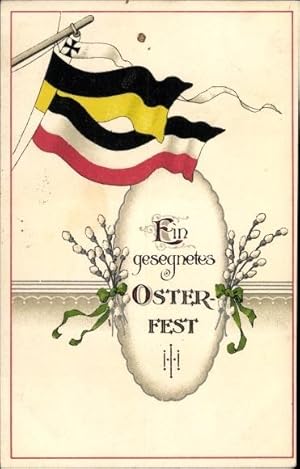 Ansichtskarte / Postkarte Glückwunsch Ostern, Flaggen Deutsches Reich, Österreich, Weidenkätzchen...