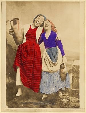 Sicilian costumes Two girls Carretto siciliano Two original handpainted photos 1890c XL329