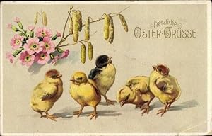 Ansichtskarte / Postkarte Glückwunsch Ostern, Küken, Weidenkätzchen, Blumen