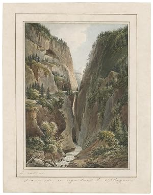 Bild des Verkufers fr Via-Mala-Schlucht mit Hinterrhein und dem Blick zum Splgenpass. zum Verkauf von Galerie Joseph Fach GmbH