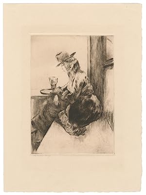 Seller image for Dame im Kaffee mit aufgesttztem Arm vor leerem Glas. for sale by Galerie Joseph Fach GmbH