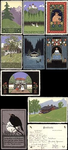 9 handgemalte, farbige und signierte Postkarten von G. Strasser. - 9 handdrawn Art Nouveau-postca...