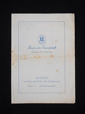 Imagen del vendedor de Programmzettel Gastspiel Theater der Freundschaft im Haus der Kultur der Sowjetunion 1950. DU BIST DER RICHTIGE von Wangenheim, Meyer (Musik). Insz.: Hans Rodenberg, Bhnenbild: Wolfgang Bttcher, techn. Ltg.: Max Bergmann. Mit Wilhelm Burmeier, Walter Hehner, Rudolf Barz, Siegfried Menzel, Marianne Helmrath, Christel Stenschke, Barbara Schmidt, Dorothea Mommsen a la venta por Fast alles Theater! Antiquariat fr die darstellenden Knste