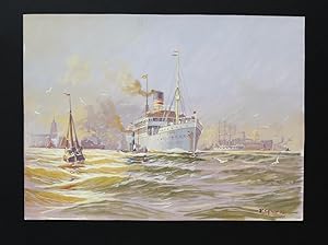 "Der Passagierdampfer 'Adolph Woermann' beim Auslaufen aus dem Hamburger Hafen" originale Gouache...