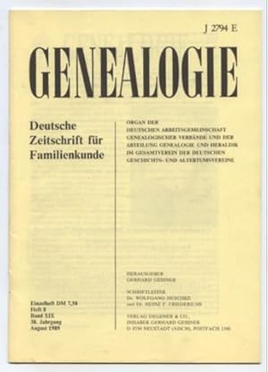 Bild des Verkufers fr Genealogie. Deutsche Zeitschrift fr die Familienkunde. Heft 8, Band XIXI 38. Jahrgang, August 1989 zum Verkauf von Leonardu