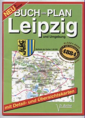 Buchstadtplan Leipzig und Umgebung mit Detail- und Übersichtskarten.