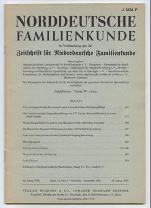 Seller image for Norddeutsche Familienkunde in Verbindung mit der Zeitschrift fr Niederdeutsche Familienkunde. 36. Jahrgang, Band 14, Heft 4, Oktober-Dezember 1987, 62. Jahrgang ZNF. for sale by Leonardu