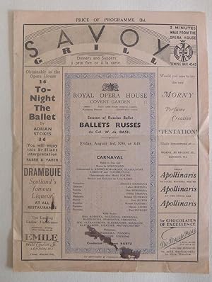 Seller image for W. de Basil's Ballets Russes de Monte-Carlo. Friday August 3rd, 1934. Royal Opera House, London Friday August 3rd, 1934. Carnaval, Beach and La Boutique Fantasque. for sale by Roe and Moore