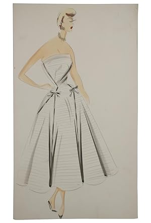 A collection of 1950s' fashion illustrations depicting designs by fashion couturiers including Ba...