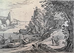 Kupferstich von 1605. Die Landschaft mit Abraham, Hagar und Ismael.