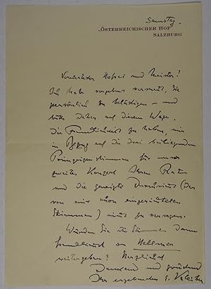 österreichischer Dirigent (1890-1956). Eigenh. Brief mit Unterschrift auf Doppelblatt mit gedr. B...