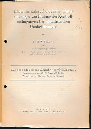 Bild des Verkufers fr Experimentalpsychologische Untersuchungen zur Prfung der Kontrollbedingungen bei okkultistischen Dunkelsitzungen. zum Verkauf von Fundus-Online GbR Borkert Schwarz Zerfa