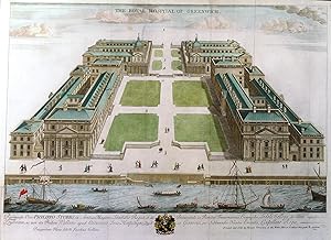 Bild des Verkufers fr THE ROYAL HOSPITAL OF GREENWICH . Very Large half-birds-eye view of the now Royal Navy College and Palace in Greenwich. Copper engraving by Jacobus Collins, printed by zum Verkauf von Garwood & Voigt