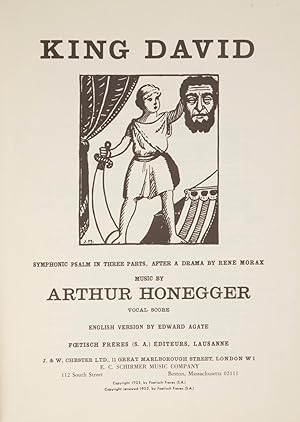 Bild des Verkufers fr King David Symphonic Psalm in Three Parts, After a Drama by Rene Morax . Vocal Score English Version by Edward Agate. [Piano-vocal score] zum Verkauf von J & J LUBRANO MUSIC ANTIQUARIANS LLC