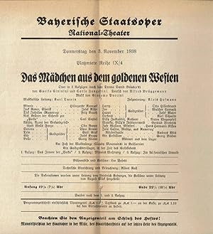 Seller image for DAS MADCHEN AUS DEM GOLDENEN WESTEN. Bayerische Staatsoper National-Theater. Donnerstag den 3. November 1938. (Program). for sale by Blue Mountain Books & Manuscripts, Ltd.