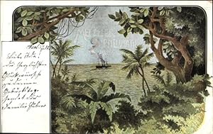 Ansichtskarte / Postkarte Durchblick aus dem Dschungel, Dampfer m. Kautschuk auf hoher See, Metze...