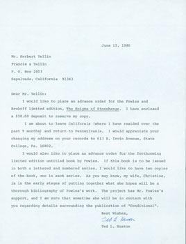 TLS Ted L. Huston to Herb Yellin, June 15, 1980. RE: John Fowles bibliography Huston's wife Chris...