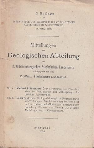 Imagen del vendedor de ber das Vorkommen von Phosphorsure im Buntsandstein und Wellengebirge des stlichen Schwarzwalds / Geologisch-biologische Untersuchungen von Torfmooren: Das Schwenninger Zwischenmoor und zwei Schwarzwald-Hochmoore in bezug auf ihre Entstehung, Pflanzen- und Tierwelt. (Mitteilungen der Geologischen Abteilung des K. Wrtt. Statistischen Landesamts. 2. Beilage zu Jahreshefte des Vereins fr vaterlndische Naturkunde in Wrttemberg, 64. Jahrgang 1908). a la venta por Antiquariat Carl Wegner