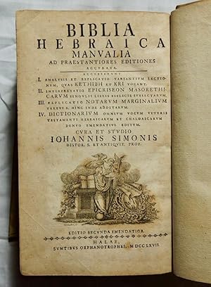 Seller image for Biblia Hebraica Manvalia ad Praestantiores 1767 Hebrew Bible Simonis, Johannis for sale by Azio Media - Books, Music & More