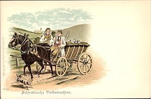 Litho Schwäbische Volkstrachten, Bauernpaar auf Fuhrwerk