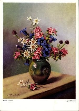 Künstler Ansichtskarte / Postkarte Probst, Anna, Alpenblumen, Blumenvase, Enzian, Edelweiß