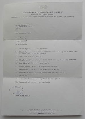 Original contract letter to Derek Jacobi from his agent Paul Lyon-Maris of Duncan Heath Associate...