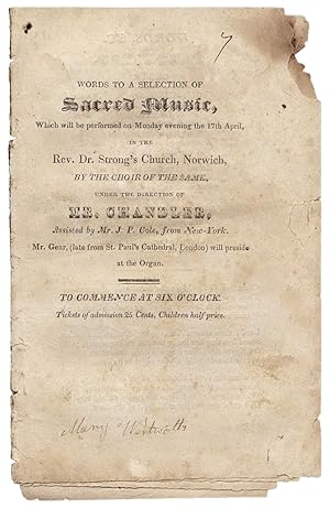 Bild des Verkufers fr Words to a Selection of Sacred Music. Rev. Dr. Strong's Church, Norwich . zum Verkauf von Ian Brabner, Rare Americana (ABAA)