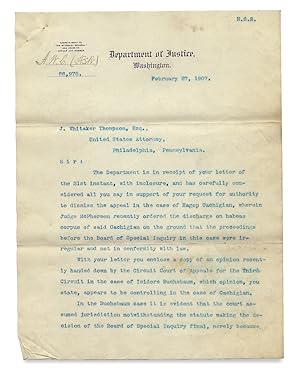 Seller image for [Solicitor General and Acting U.S. Attorney General Henry M. Hoyt Officially Opines on Medical Issues of Immigration Law and an Immigration Case before the Supreme Court; with Additional Letter] for sale by Ian Brabner, Rare Americana (ABAA)