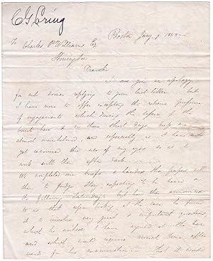 Seller image for 1838 Letter of Boston lawyer Charles G. Loring to Connecticut shipowner Charles P. Williams regarding a legal case to be argued before Joseph Story, Circuit Justice and U.S. Supreme Court Justice for sale by Ian Brabner, Rare Americana (ABAA)