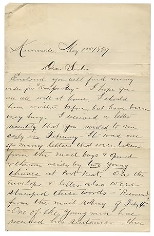 [1889 Autograph Letter Signed, a Mail Robbery at Port Kent and Tobacco Juice]