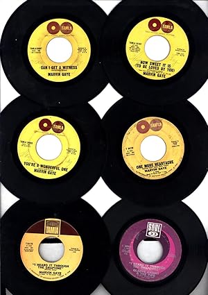 Bild des Verkufers fr Five classic 45 rpm records by Marvin Gaye including 'How Sweet It Is (To Be Loved By You)' and 'I Heard It Through the Grapevine' -- plus a bonus record (45 RPM VINYL RHYTHM & BLUES 'SINGLES') zum Verkauf von Cat's Curiosities