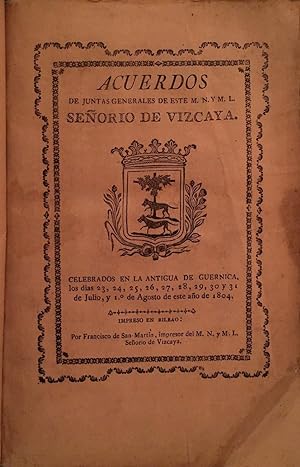 Imagen del vendedor de 1804 - Actas Juntas Generales de Vizcaya, julio-agosto 1804 (Zamacolada) a la venta por Arriola Lerchundi