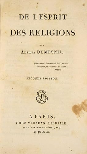 Image du vendeur pour De l'esprit des religions. 2e dition. mis en vente par Harteveld Rare Books Ltd.