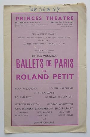 Ballets de Paris de Roland Petit. Programme for a short season 16th February to 12th March 1949. ...