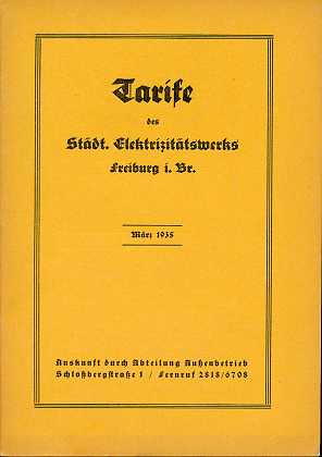 Tarife des städtischen Elektrizitätswerks Freiburg im Breisgau - März 1935 ,