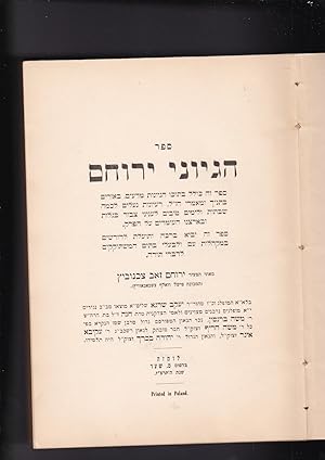 Bild des Verkufers fr sefer Hegyoney Yerucham Mysli Jeruchema sefer ze kolel betokho hegyonot mada'im, be'uri be-Tanakh u-ma'amre hazal, ra'yonot le'khamah Shabatot ule-yemim tovim zum Verkauf von Meir Turner