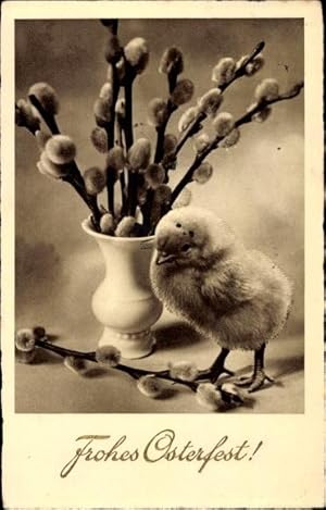 Ansichtskarte / Postkarte Glückwunsch Ostern, Küken, Weidenkätzchen in Vase