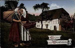 Ansichtskarte / Postkarte Trachten Westfalen, Bauersfrauen vor Haus, Westfalenlied
