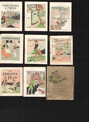 Bild des Verkufers fr Little Story Books - 8 Minature Books Boxed Contains 8 Volumes: Child's Garden of Verses, East of the Sun and West of the Moon, Nursery Rhymes, Old Mother Hubbard, the Pied Piper, the Chocolate Man, the Gorgon's Head and Ali Baba zum Verkauf von Elder's Bookstore