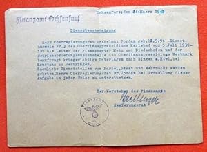 Imagen del vendedor de Dienstbescheinigung des Finanzamt Ochsenfurt v. 24. Mrz 1945 (fr Dr. Helmut Jordan Leiter der Finanzmter Metz und Diedenhofen) a la venta por ANTIQUARIAT H. EPPLER