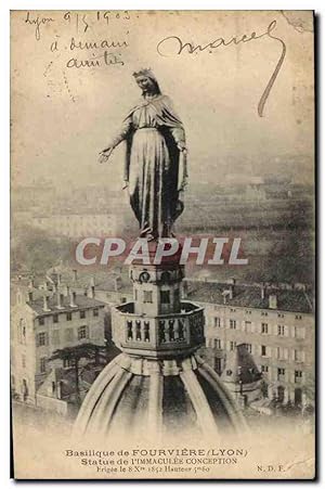 Bild des Verkufers fr Carte Postale Ancienne Lyon Basilique de Fourviere Statue de l'Immaculee Conception Erigee le 8 Xre 1852 Hauteur 5 m 60 zum Verkauf von CPAPHIL