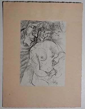 Weibliche Aktstudie mit zwei Männerköpfen. Original Tusche- und Bleistiftzeichnung. Unten rechts ...