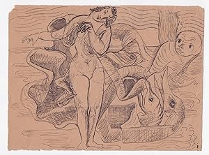 Aktstudie mit Fabelwesen (Geburt der Aphrodite bzw. Venus). Original Tusche- bzw. Tintenzeichnung...