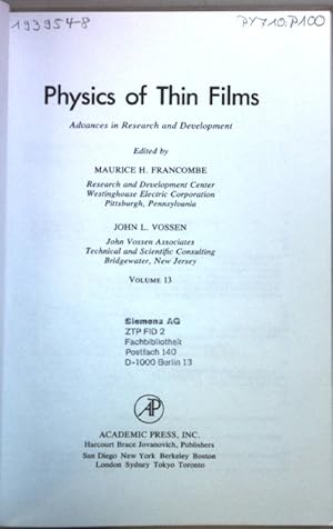 Seller image for Physics of Thin Films: Advances in Research and Development: VOL. 13. for sale by books4less (Versandantiquariat Petra Gros GmbH & Co. KG)