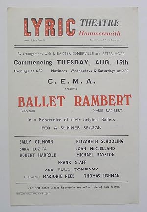 C.E.M.A. presents Ballet Rambert. Commencing Tuesday August 15th,. In a repetoire of their origin...