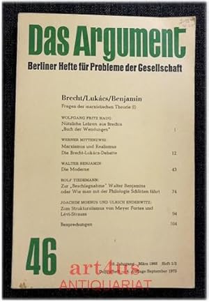 Bild des Verkufers fr Brecht/Lukcs/Benjamin : Das Argument : Berliner Hefte fr Probleme der Gesellschaft ; 46 : 10. Jg. Mrz 1968. Heft 1/2, Doppelheft. zum Verkauf von art4us - Antiquariat