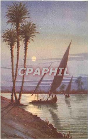 Carte Postale Ancienne Moonlight on the Nîle with sailing Eelurkas Egypt