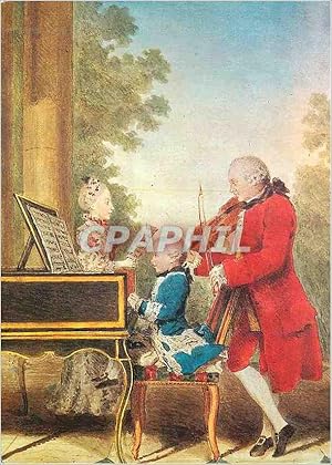 Bild des Verkufers fr Carte Postale Moderne Carrogis de Carmontelle Paris Wolfgang Amadeus Mozart playing in concert with his father and his sister Aquarell Wat zum Verkauf von CPAPHIL