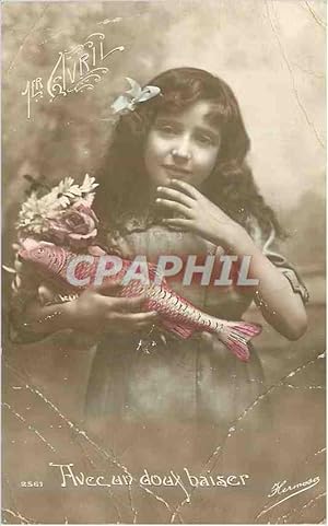 Carte Postale Ancienne 1er Avril Avec un Doux Baiser Enfant Poisson