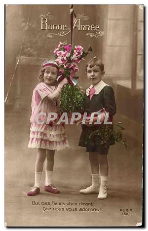 Image du vendeur pour Carte Postale Ancienne Fantaisie Enfants Bonne anne Oui ces fleurs vous diront que nous vous adorons mis en vente par CPAPHIL